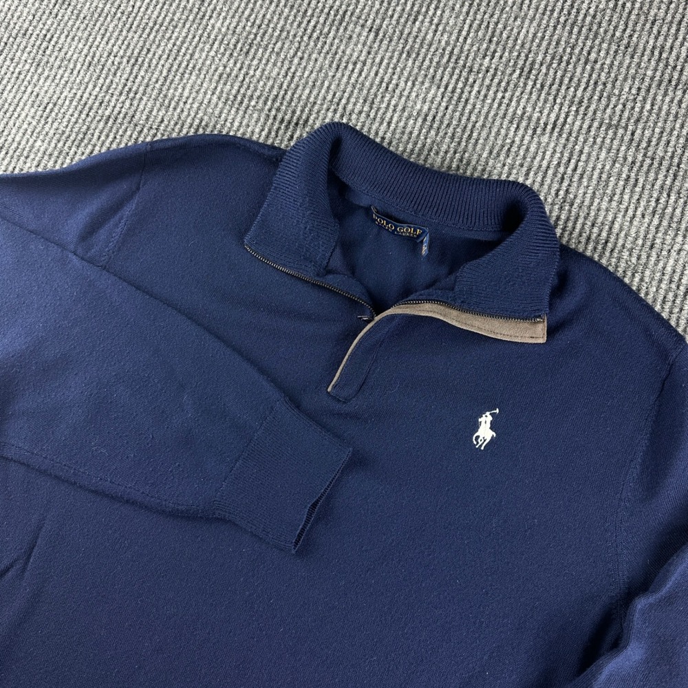 Polo Golf Ralph Lauren Mens XL Navy Blue 100% Merino Wool Quarter Zip Sweater